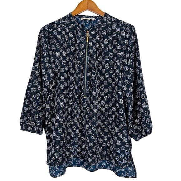 Michael Kors Half Zip Blouse Tunic Leaf Print Exposed Zipper Navy - 10 - Picture 1 of 4
